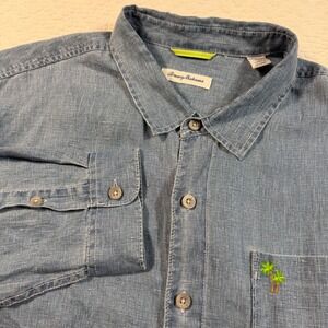 Tommy Bahama Mens 100% Linen Palm Tree Embroidered Button Up Shirt 2XLB Big Blue